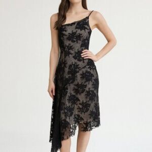 BCBGMaxAzria Lace Tulle Floral Overlay Uneven Slip Dress Black Beige Women S Y2K